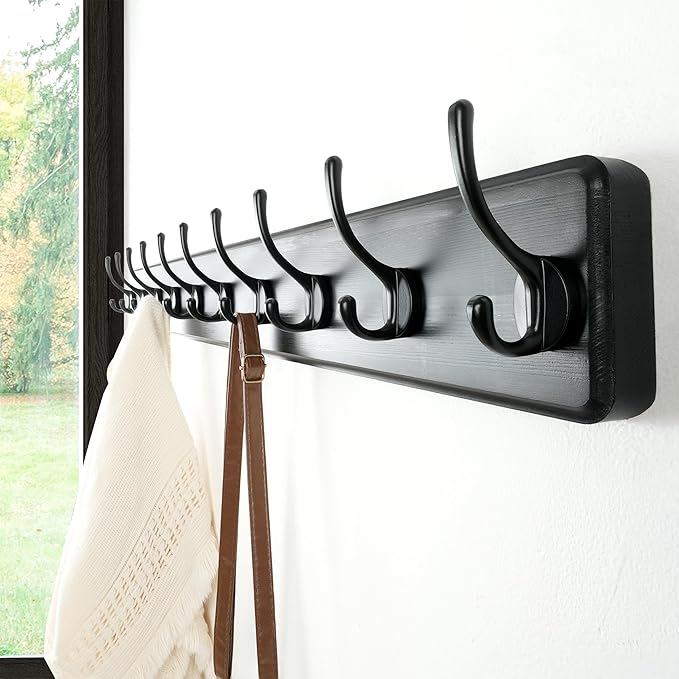 Dseap Wall Mounted Coat Rack: 38-1/4" Long, Patented, Heavy-Duty, 10-Double-Hooks Wooden Hanger Rail for Winter Coats, Hats, Jackets, Clothing - Black, Pack of 2-Ruum Studio Home