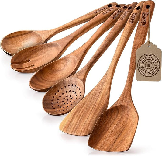 Boxiki Kitchen Luxury Teak Wood Utensil Set - Elegant 6-Piece Cooking Ensemble Including Spoons, Server, Scraper & Spatula - Expertly Crafted for Culinary Excellence-Ruum Studio Home