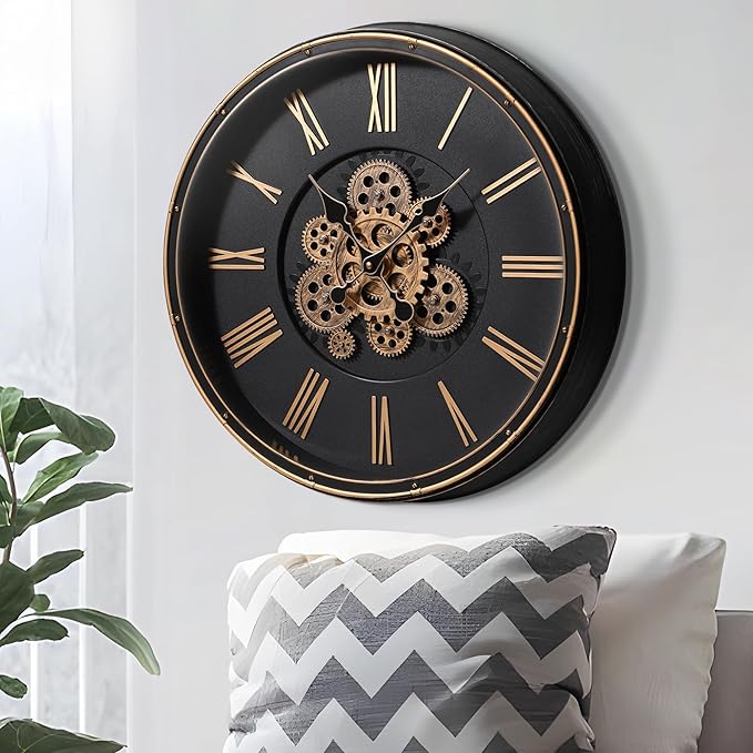 Maxstar Large Moving Gear Wall Clock,20" Vintage Mechanical Battery Operated Industrial Wall Clocks for Farmhouse Living Room,Home Office, Dinning Room, Kitchen, Steampunk Decor-Gold,Roman Numeral-Ruum Studio Home