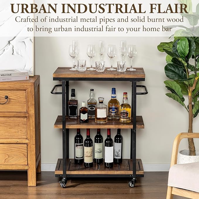 Bar Carts for The Home, Rolling Home Bar Serving Cart on Wheels, 3 Tier Portable Bar Cart, Rolling Coffee Cart with Lockable Wheels, Rustic Burnt Solid Wood and Industrial Matte Black Metal-Ruum Studio Home