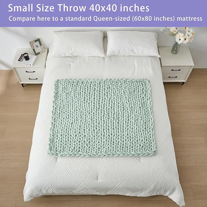 Bigacogo Chunky Knit Throw Blanket for Couch, 40x40 inches, 100% Hand Knitted with Thick Jumbo Chenille Yarn, Cozy Soft Large Rope Knot Cable Crochet Blankets for Sofa Bed Living Room, Mint-Ruum Studio Home