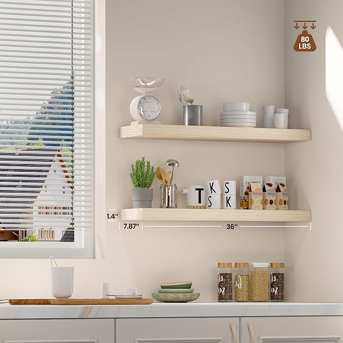 Light Wood Floating Shelves 36”x 8”x 1.4” Book Shelf Floating for Wall Mounted, Heavy Duty Shelf Hold 80 lbs, Unfinished Rustic Wall Shelves for Bedroom, Living Room, Kitchen, Office, Laundry Room-Ruum Studio Home