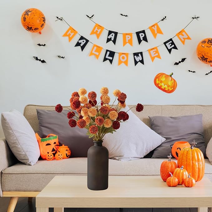 Fall Flowers, Burnt Orange Faux Kiku Flowers Artificial 10 Stems + Eucalyptus, Fake Silk Mums Fall Floral Centerpiece, Autumn Decor, Terracotta Mini Balls Faux Stems For Vase, Decoración de Otoño-Ruum Studio Home