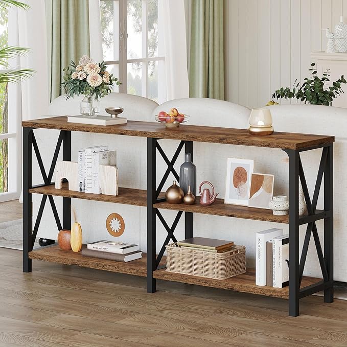LVB Rustic Console Table, Industrial Wood Metal Sofa Table Behind Couch, Farmhouse Long Entryway Table with Storage Shelf, Large Wooden Foyer Hallway Table for Entry Living Room, Rustic Brown, 63 Inch-Ruum Studio Home