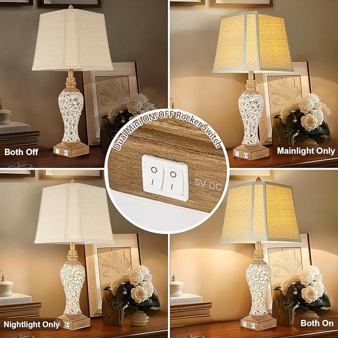 28.5" Rustic Table Lamp Set of 2 For Living Room Farmhouse Lamps for Bedroom, Bedside Lamps with Night Lights And USB C+A Charging Ports for Decor Office Study Hotel (Bulbs Included)-Ruum Studio Home