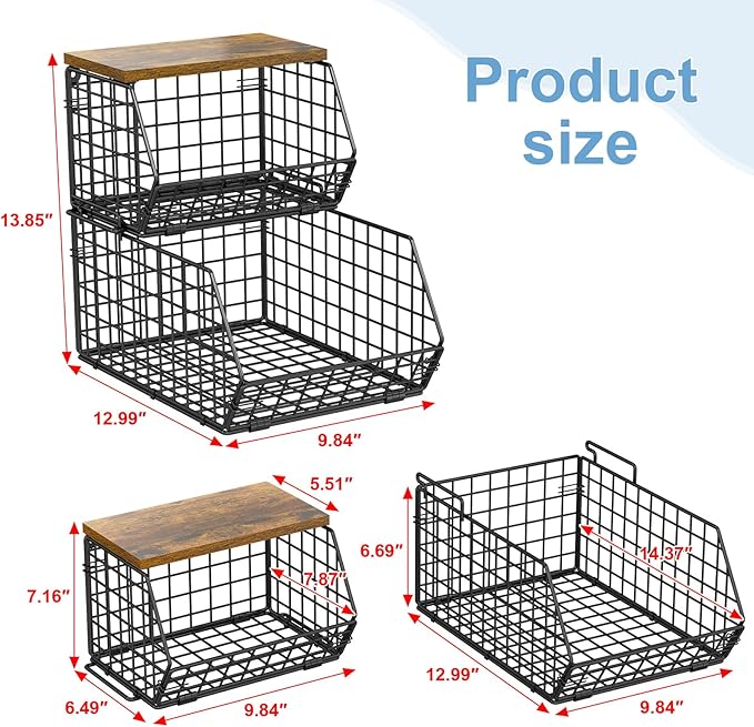 X-cosrack 2-Tier Stackable Wire Baskets for with Wood Lid, Wall Hanging Baskets for Potato and Onion Storage, Fruit Basket for Kitchen Counter, Metal Baskets for Snack Produce Cans-Ruum Studio Home