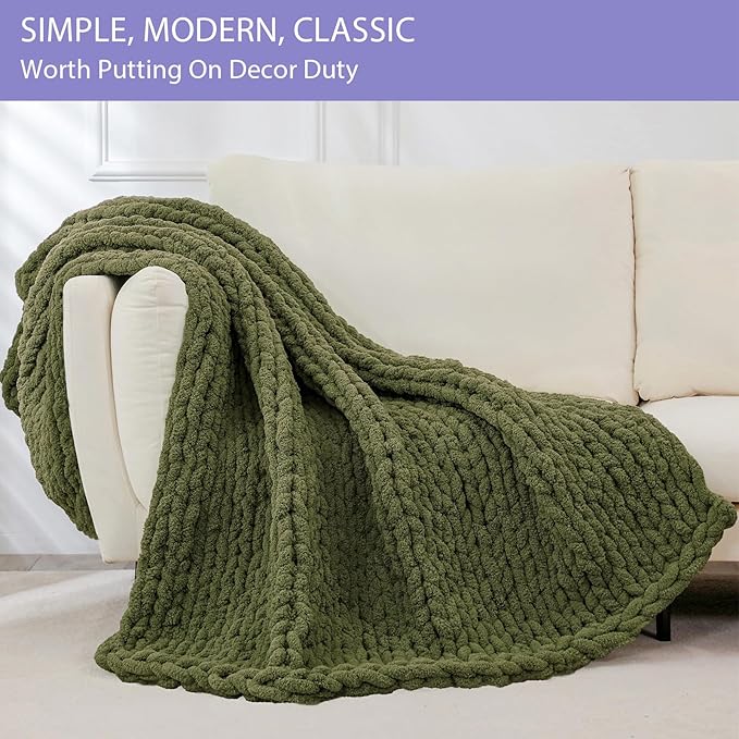 Bigacogo Chunky Knit Throw Blanket for Couch, 51x63 inches, 100% Hand Knitted with Thick Jumbo Chenille Yarn, Cozy Soft Large Rope Knot Cable Crochet Blankets for Sofa Bed Living Room, Yellow Green-Ruum Studio Home