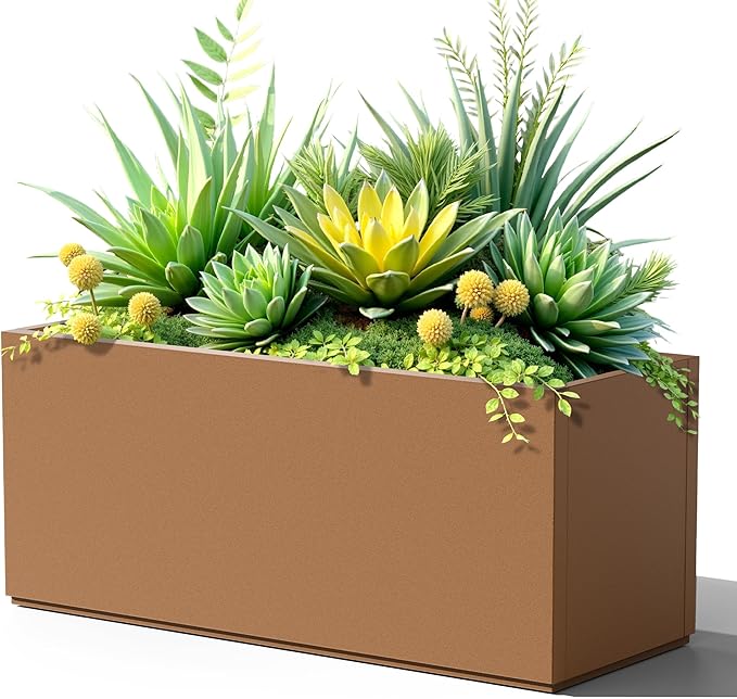 FENCY Large Metal Planter, Large Rectangular Planters for Outdoor Plants, Tall Outdoor Planters for Porch Patio, 38" L x 15" W x 16.3" H Brown Metal Planter with Drainage Hole-Ruum Studio Home