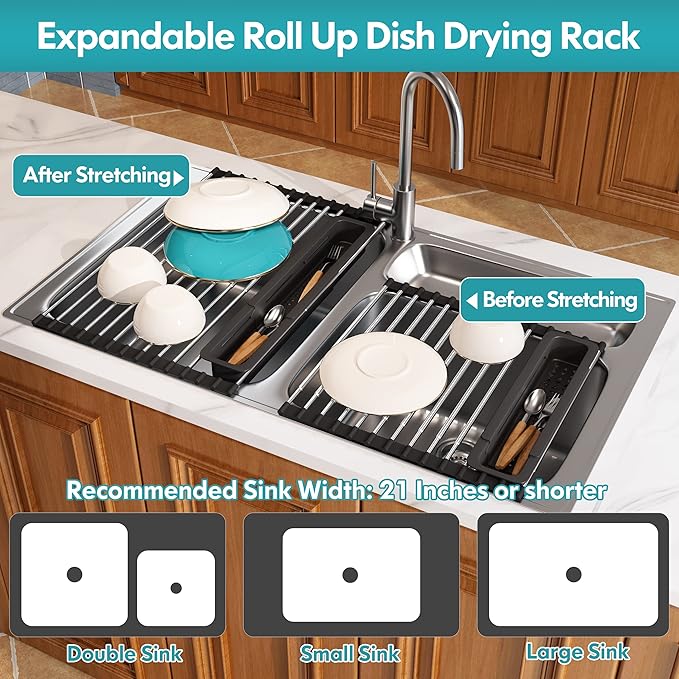 Roll Up Dish Drying Rack, Expandable (12.8"-23.8" D x 12.8" W) Stainless Steel Portable Over The Sink Dish Drainer for Kitchen Sink Counter, Foldable Sink Cover with Removable Utensil Holder-Ruum Studio Home