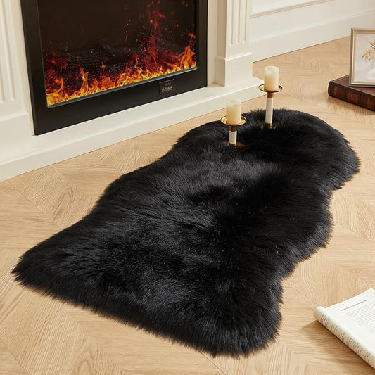 AMTOVO Faux Fur Rug, Black Area Rug, Fluffy Sheepskin Rug, Fuzzy Ultra Soft 2 x 4 ft Shag Rugs for Bedroom Sofa Throw Cushion Room Decor, Sheepskin-Ruum Studio Home