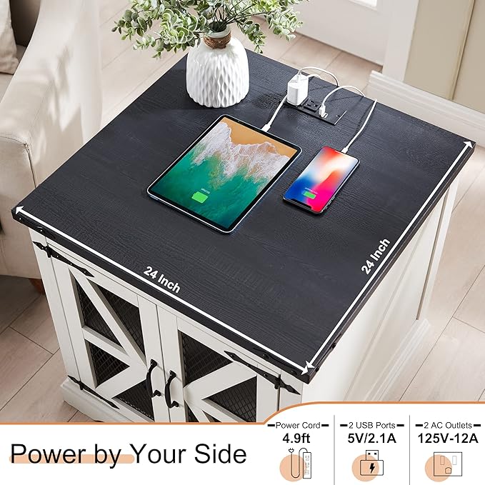 JXQTLINGMU Farmhouse End Table, 24" Large Sofa Side Table with Charging Station, Mesh Barn Door, and Adjustable Storage Shelf, Rustic Wood Square Nightstand for Living Room, Bedroom, Office, White-Ruum Studio Home