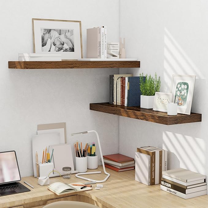 Fun Memories Floating Shelves for Wall 36 Inches, Wood Shelves with Invisible Bracket, 10" Deep Shelves Wall Mounted, Large Floating Shelves for Living Room Bathroom, Rustic Brown, Set of 2-Ruum Studio Home