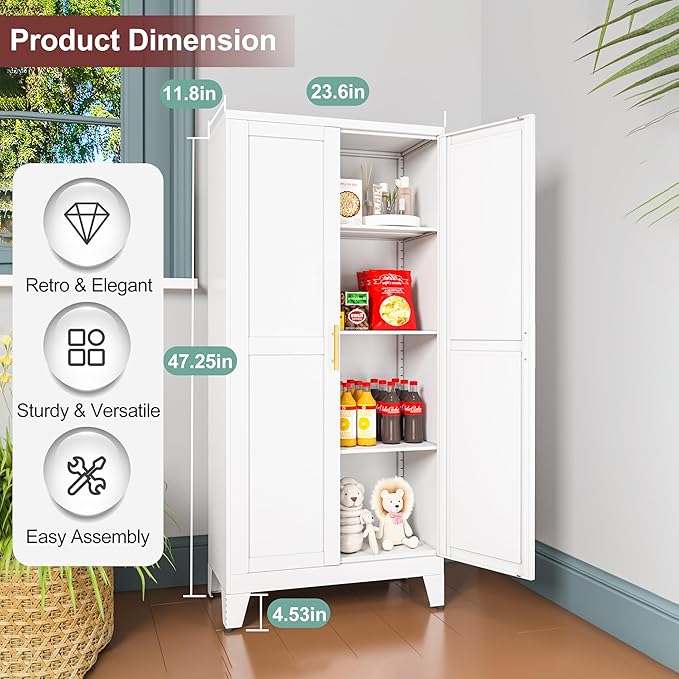 Metal Pantry Cabinet with 2 Doors and Adjustable Shelves, Kitchen Storage cabinets with Gold Handles, Versatile Storage for Laundry/Living Room,Bathroom,Dinning Room-White-Ruum Studio Home