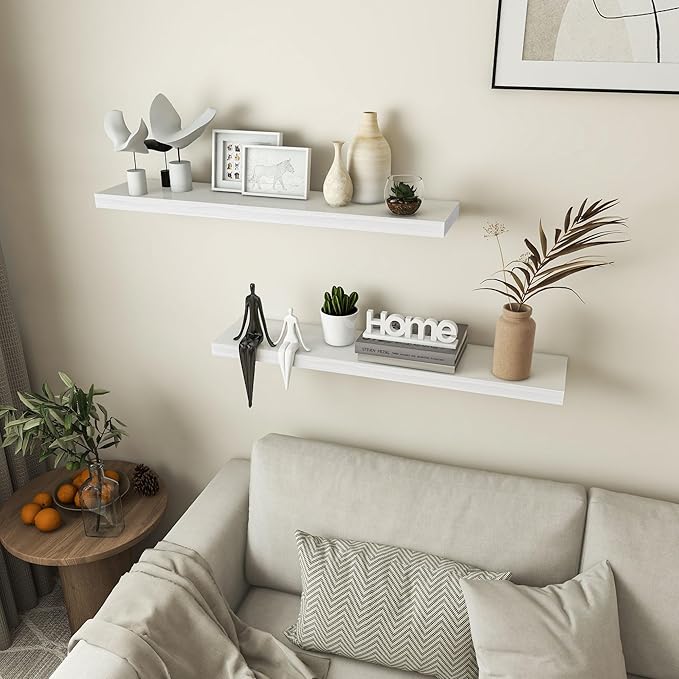 Floating Shelves 36 Inches Long - 8 Inch Deep Rustic Premium Solid Pine Wood for Storage - Farmhouse Wall Mounted for Living Room - Heavy-Duty Metal Bracket - 36" W x 8" D - Set of 2 - White Color-Ruum Studio Home