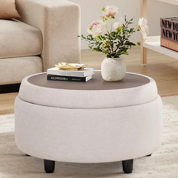 COLAMY Fabric Round Storage Ottoman with Reversible Tray Lid – Multi-Functional Footrest, Hidden Storage, Sturdy & Stylish Small Coffee Table for Living Room, Bedroom, or Entryway(Beige)-Ruum Studio Home