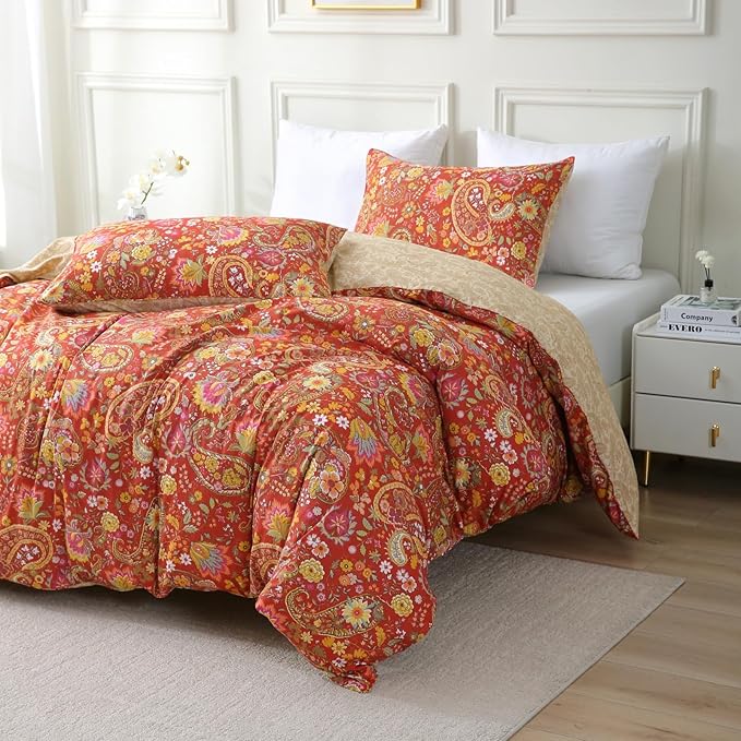 ABREEZE Paisley Bedding Sets 3Pcs Brushed Cotton Duvet Cover Set Queen Size Rustic Damask Red Floral Comforter Cover with Zipper Closure Boho Bedding Collections-Ruum Studio Home
