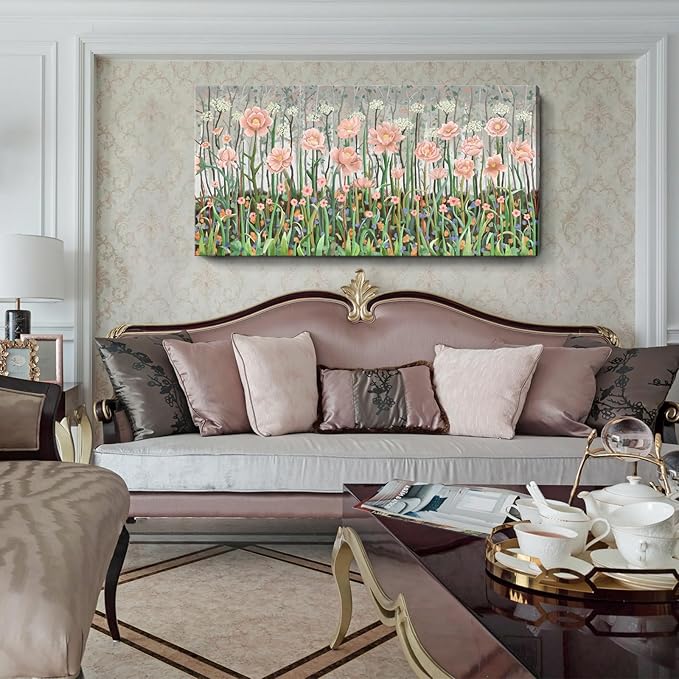 amatop Large Floral Wall Art Modern Abstract Flower Field Canvas Picture Botanical Artwork Rustic Wall Decor for Living Room Bedroom Pink Green Blooming Wildflower Forest Nature Art Print 48x24in-Ruum Studio Home