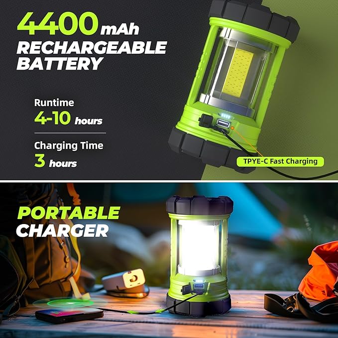 Rechargeable Camping Lantern, 3000LM 5 Light Modes Camping Light 4400 Capacity Phone Charger LED Impact-Resistant Flashlight Lantern Portable Waterproof Hurricane Lanterns for Emergency(Pale Green)-Ruum Studio Home