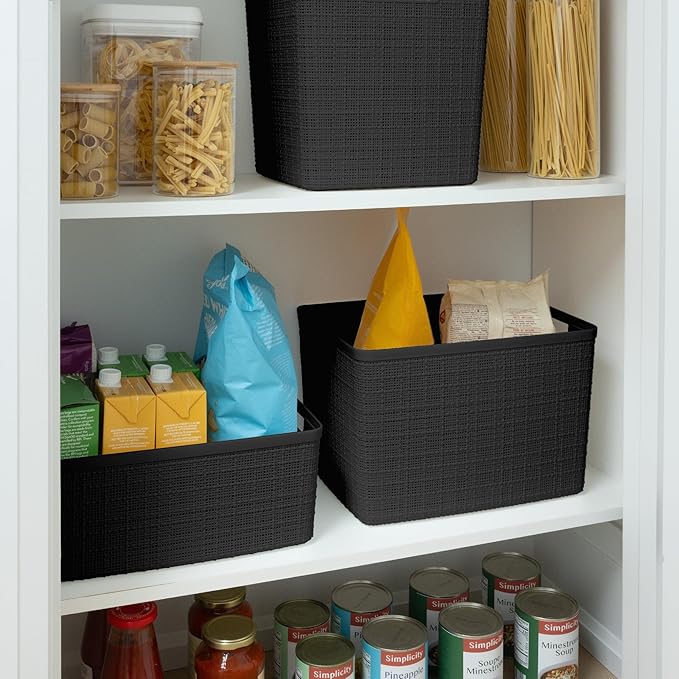 Curver Jute Large Decorative Plastic Organization and Storage Baskets, Perfect Bins for Home Office, Closet Shelves, Kitchen Pantry and All Bedroom Essentials, Pack of 4, Black-Ruum Studio Home