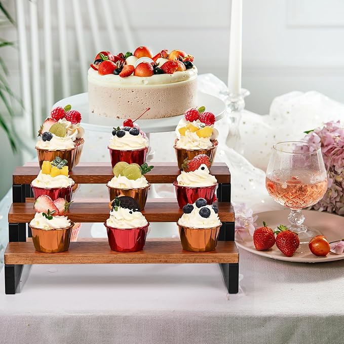 3 Tier Wooden Display Riser Stand Perfume Organizer with Metal Stand, Dessert Table Display Set, Food Display Stands for Party, Brown Rustic Solid Wood Shelf for Cupcakes, Perfume, Cologne, Spiece-Ruum Studio Home