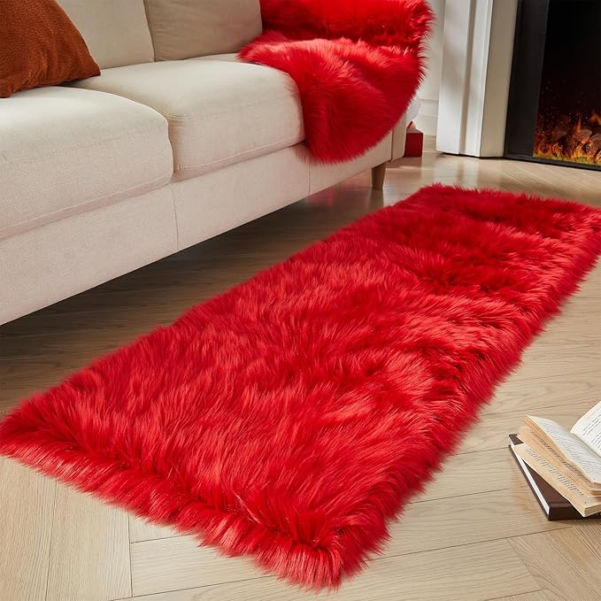 AMTOVO Faux Fur Rug, Red Ultra Soft Fluffy Shag Sheepskin Rug, 2 x 6 ft Runner Area Rugs for Bedroom Sofa Throw Cushion Room Decor, Rectangle-Ruum Studio Home