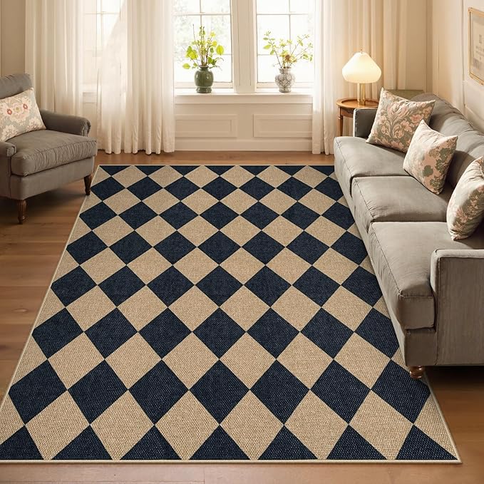 Lahome Checkered Easy Jute 5x7 Area Rugs, Washable Outdoor Patio Rug for Living Room Diamond Indoor Outdoor Carpet, Farmhouse Geometric Non Slip Black Carpet for Backyard Dining Room-Ruum Studio Home