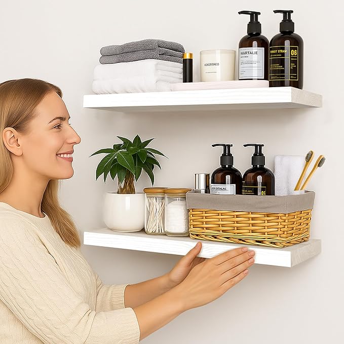 BGMG Wood Floating Shelves 24 inch Long,Rustic Solid Wooden Deep Wall Shelves for Bathroom Living Room Bedroom Kitchen Farmhouse Set of 2-24x6.7x1.25 inch-White-Ruum Studio Home