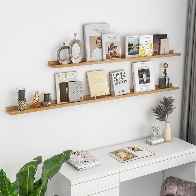 Solid Ash Wood Picture Ledge Shelf, Floating Shelves Set of 2, 56 Inch Long Large Ledge Shelves, Nursery Book Shelves Wall Mounted for Living Room Bedroom Kitchen Decor Kids Bookshelf, Natural-Ruum Studio Home