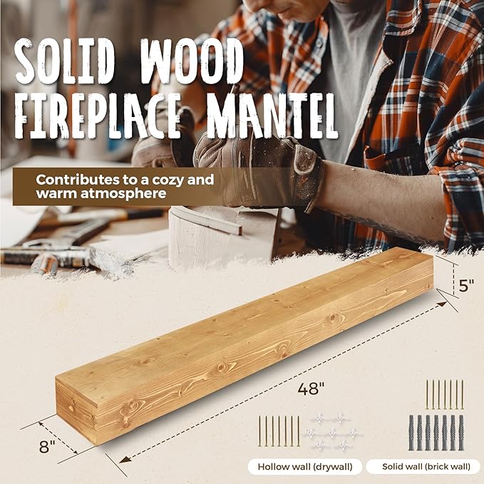 48x8x5 Fireplace Mantel - Handcrafted Rustic Solid Wood Wall Mounted Floating Shelf with Invisible Heavy Duty Wood Bracket (Natural)-Ruum Studio Home