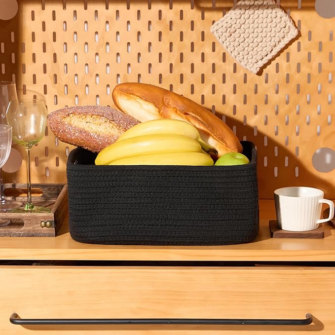 Small Storage Baskets for Organizing | Closet Organizer Bins | Shelf Toy Basket | Woven Rope Baskets | Cube Decorative Box | Shallow Basket | 13x8.5x5.1” | 3 Packs Black-Ruum Studio Home