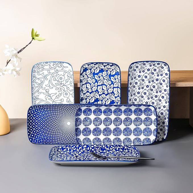 Selamica Ceramic Serving Platters, 12 Inch Serving Trays for Party Entertaining, Large Rectangular Serving Plates for Food, Set of 6, Vintage Blue-Ruum Studio Home