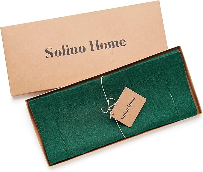 Solino Home Linen Table Runner 108 Inches Long - 100% Pure Linen Rainforest Green Table Runner 14 x 108 Inch for Fall, Autumn, Thanksgiving - Classic Hemstitch-Ruum Studio Home