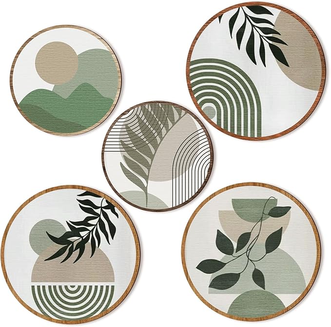 Qunclay 5 Pcs Wall Art Decor Wooden Living Room Wall Decor Bohemian Hanging Farmhouse Geometric 10'' and 8'' Aesthetic Wood Minimalist Posters for Bedroom(Greenery)-Ruum Studio Home