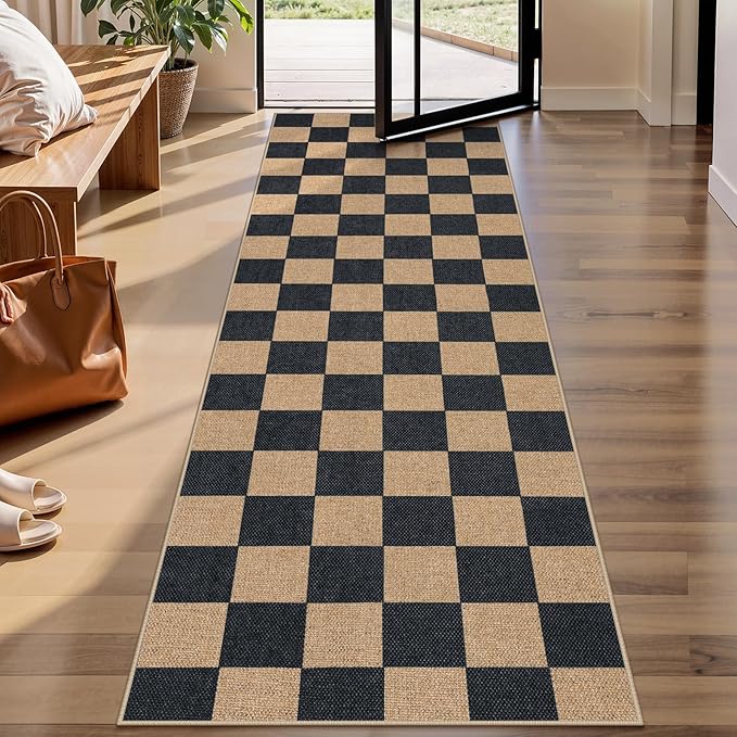 Lahome Checkered Easy Jute Runner Rug, 2x8 Kitchen Rug Non Slip Washable Outdoor Runner for Entryway Indoor, Checkerboard Black Indoor Outdoor Carpet for Hallway 8ft Entry-Ruum Studio Home