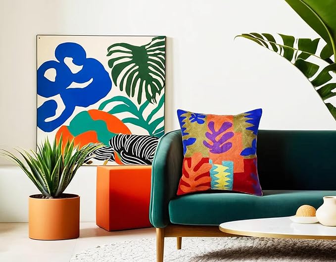 Matisse Decorative Pillow Cover Cutouts Hand Embroidered Abstract Toss Pillows Farmhouse Chair Cushion Contemporary Pillowsham Mid-Century Chair Cushions Wool Size 18x18-Ruum Studio Home