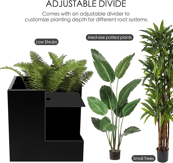 Kozyard 20'' Cube Metal Planter Steel Planter Box Black Steel Flower Pot with Saucer Partition Panel for Trees Plants Flowers Indoor Outdoor Garden Patio Deck Yard-Ruum Studio Home