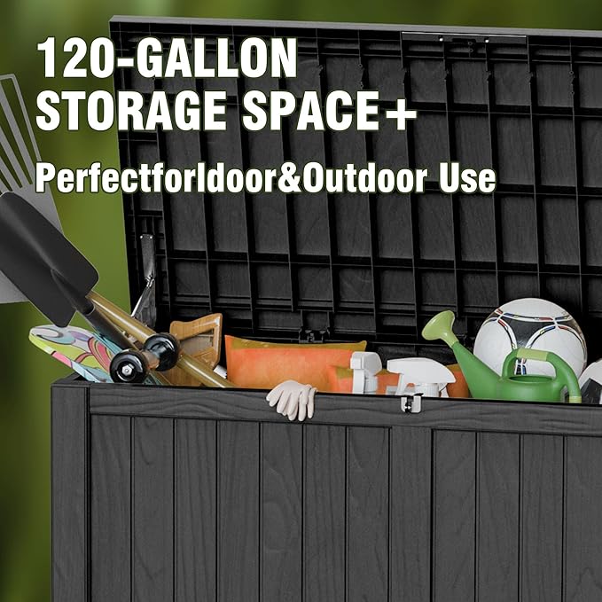 120 Gallon Patio Storage Box, Large Outside Storage Bin for Patio Furniture Covers, Cushion Pillows, Waterproof Outdoor Storage Bench for Towels, Garden Tools and Pool Accessories, Black-Ruum Studio Home