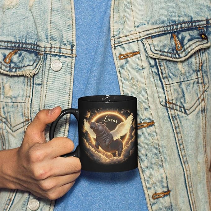 Personalized Choose Name Coffee Mug, Custom Hippo Ceramic Coffee Cup 11oz 15oz, Fantasy Animal Black Cup for Kids, Custom Whimsical Hippo with Wings Mug, Gifts for Holiday-Ruum Studio Home