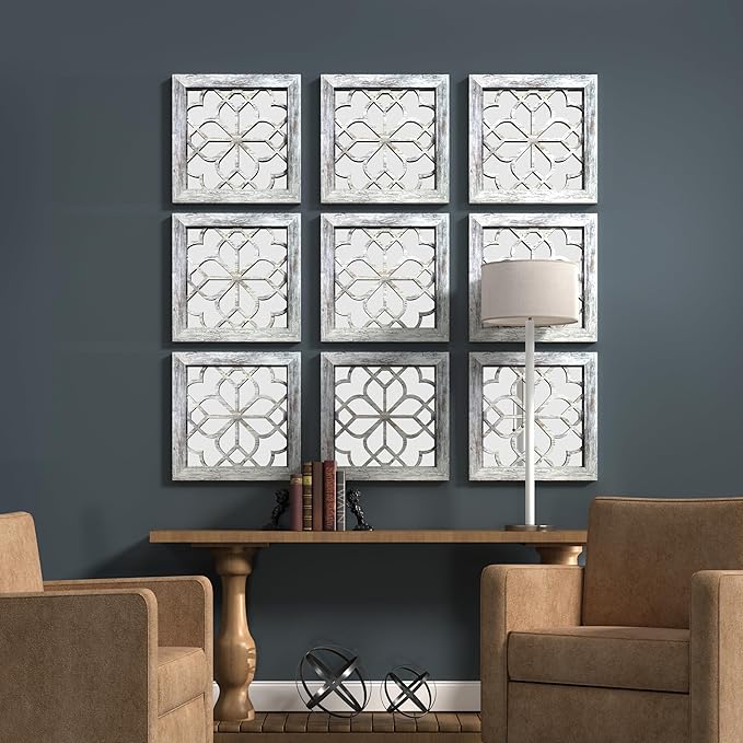 Boho Square Wall Mirrors Set of 2-12" x12'Decorative Mirrors for Wall Decor, BrownHandcrafted Mirror Panels Perfect for LivingRoom Bedroom Entryway Hallway (Grey)-Ruum Studio Home