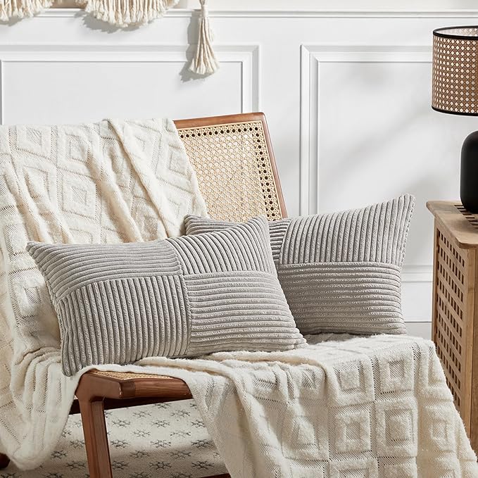 Fancy Homi 2 Packs Neutral Grey Lumbar Decorative Throw Pillow Covers 12x24 Inch for Living Room Couch Bed Sofa, Farmhouse Home Decor, Soft Striped Corduroy Rectangle Accent Cushion Case 30x60 cm-Ruum Studio Home