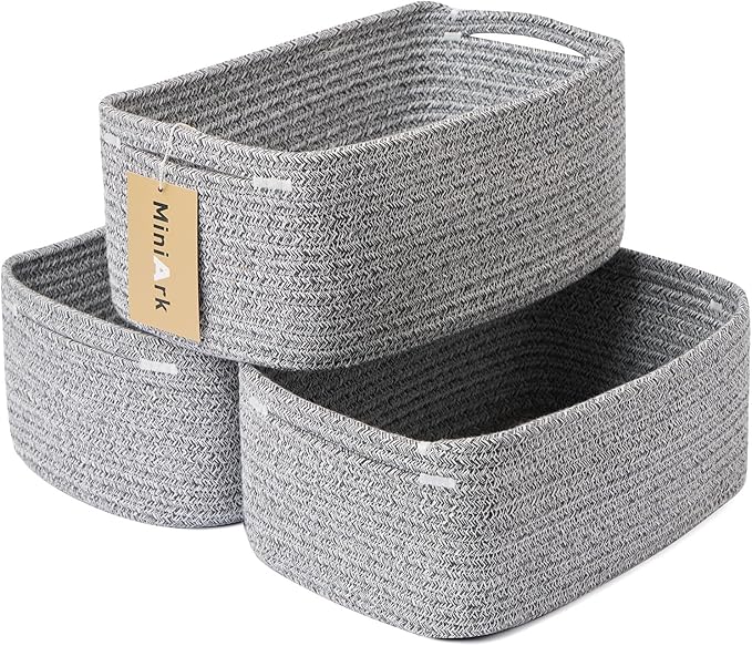 Small Storage Baskets for Organizing | Closet Organizer Bins | Shelf Toy Basket | Woven Rope Baskets | Cube Decorative Box | Shallow Basket | 13x8.5x5.1” | 3 Packs Mixed Grey-Ruum Studio Home