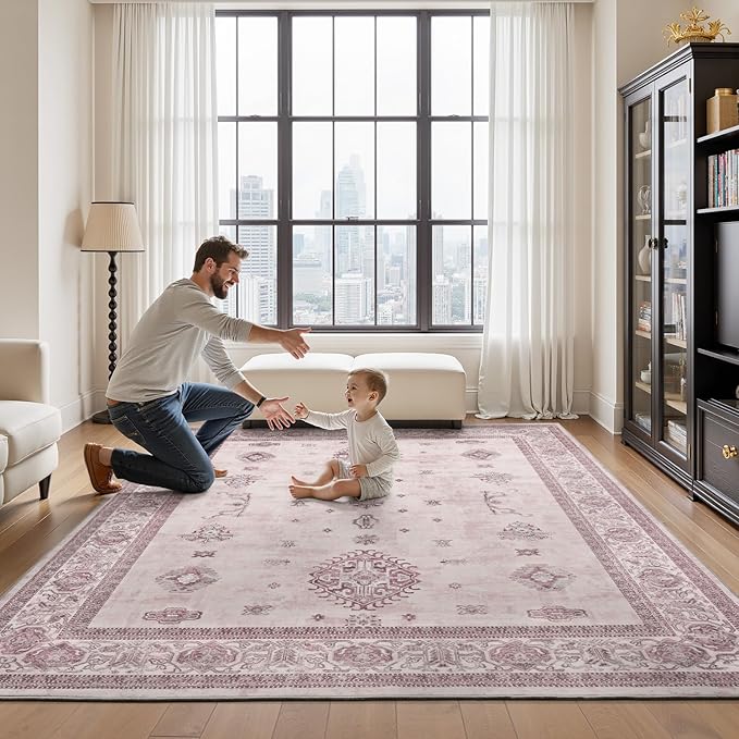 AMOAMI-Vintage Area Rug 8X10 Pink Rugs for Living Room-Soft Living Room Rug Non Slip Rugs for Bedroom Carpet Machine Washable Rug for Dining Room Bedside Office Room Decor-Ruum Studio Home
