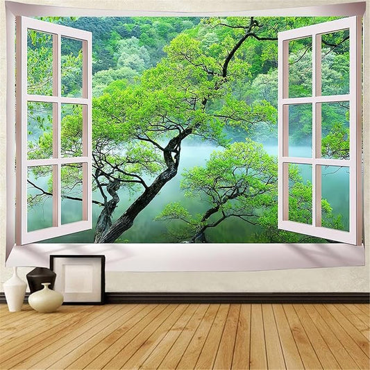 FENDROM Misty Lake Forest Tapestry Wall Hanging Nature Green Tree Landscape Window View Tapestries for Bedroom Living Room Dorm Decor-Ruum Studio Home