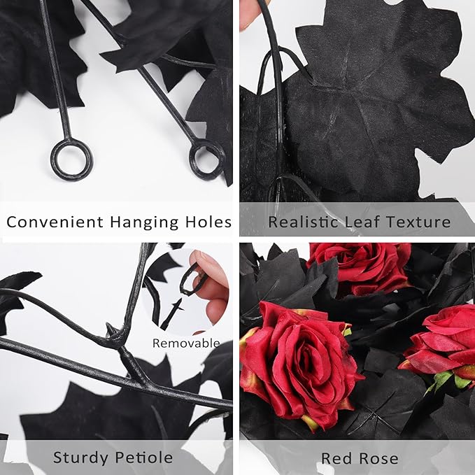 Artificial Black Garland Hanging Vine Artificial Floral Vines Fall Garland Hanging Flower Fake Rose Vines for Black and Burgundy Wedding Decor Halloween Indoor Outdoor Party Wall (Red Rose)-Ruum Studio Home