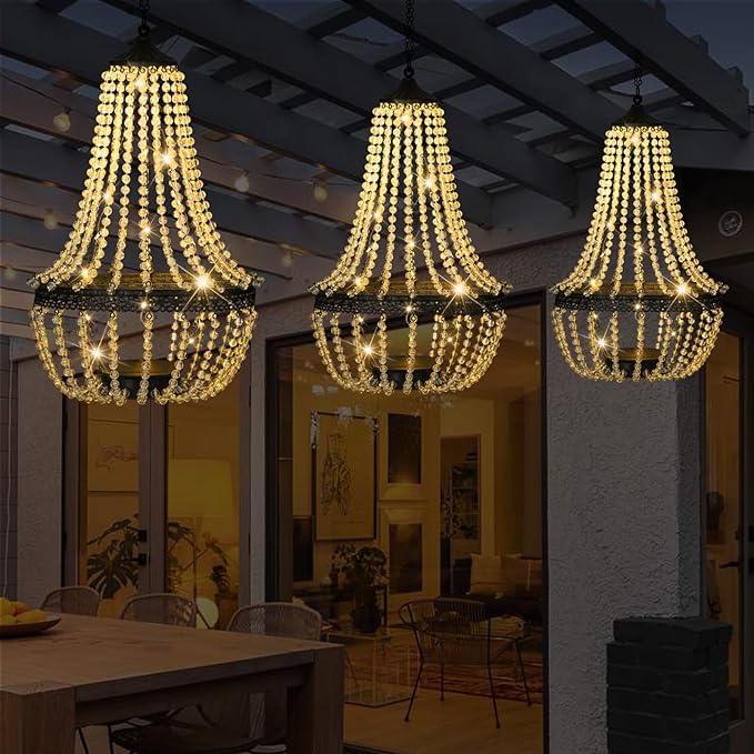 Hanging Solar Chandelier Outdoor, 30 Warm White Lights Acrylic Clear Beaded Chandelier with S Hooks Modern Lantern for Garden Yard Patio Gazebo Decorations, 28”H-Ruum Studio Home