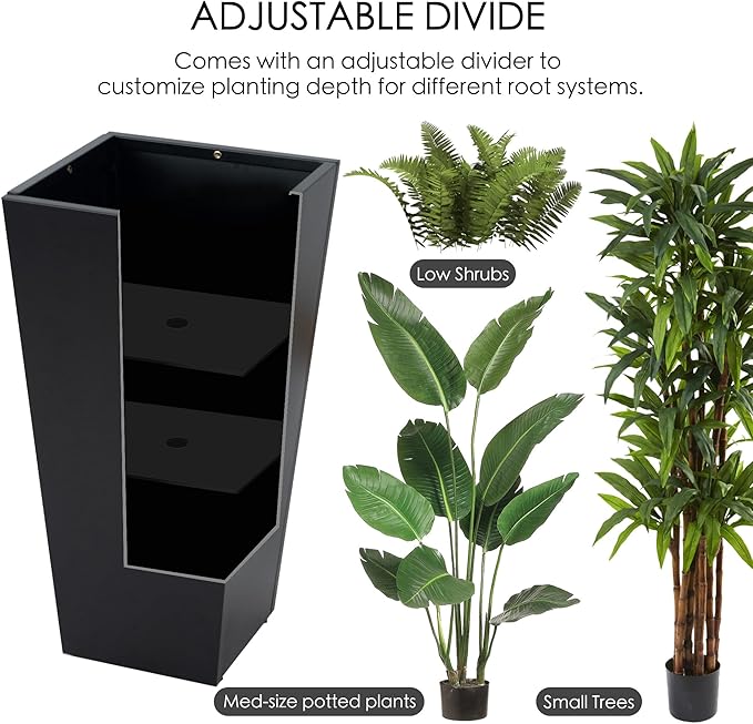Kozyard 15.4" x 15.4" x 30" Tall Taper Black Metal Planter Flower Plant Pot Indoor Outdoor Planters Steel Flower Pot All-Weather Use with 2 Partition Panels for for Trees, Plants Flowers-Ruum Studio Home