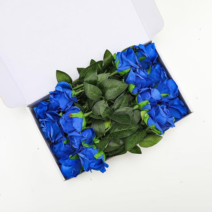 Blue Fake Roses Artificial Flowers - 16 Pcs Fake Artificial Roses Silk Flowers with Stems for Home Wedding Hotel Office Centerpiece Decor-Ruum Studio Home