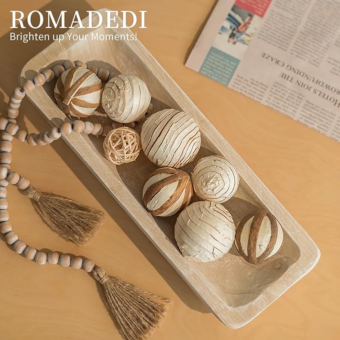 Romadedi Decorative Bowls for Home Decor - 16" Wooden Dough Bowl for Decor, Large Wood Bowl for Kitchen Table Centerpieces Long Narrow Wooden Tray for Dining Table Whitewashed-Ruum Studio Home