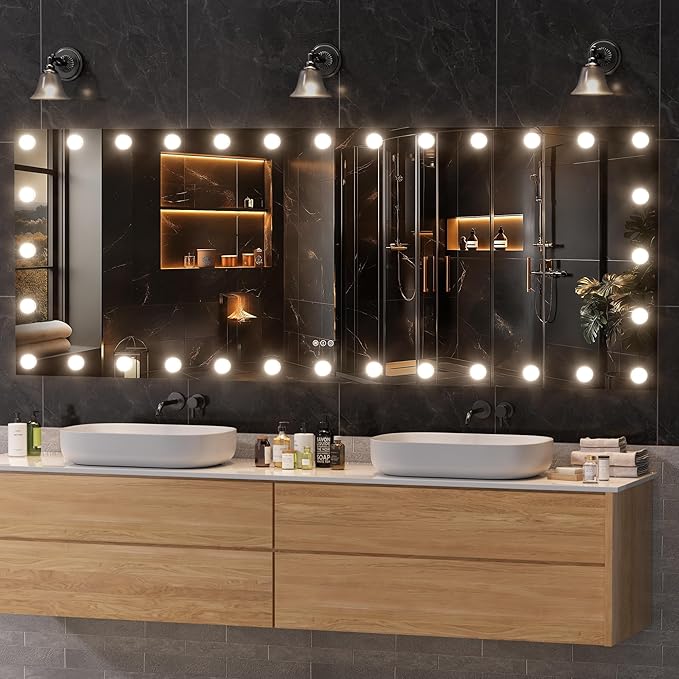Hasipu LED Bathroom Mirror with Lights, 84" x 31" Hollywood Wall-Mounted Bathroom Mirror with 32 Dimmable Bulbs, 3 Colors Modes, Touch Control, Anti-Fog, Memory Function, Shatter-Proof, ETL Listed-Ruum Studio Home