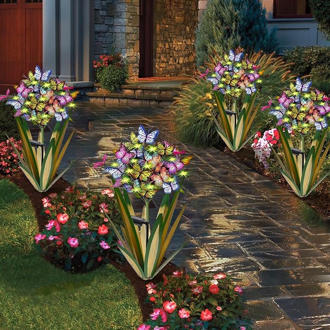 Solar Metal Agave Butterfly Flower Stick Garden Sculpture - Outdoor Christmas Lights With Swaying Butterfly - Solar Powered Gift (2 PCS Light Green)-Ruum Studio Home